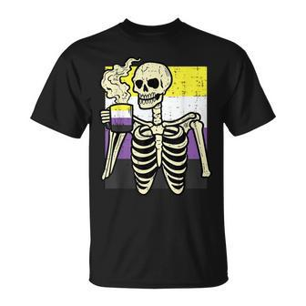 Nonbinary Skeleton Coffee Fun Enby Pride Flag Lgbt Men T-Shirt - Monsterry AU