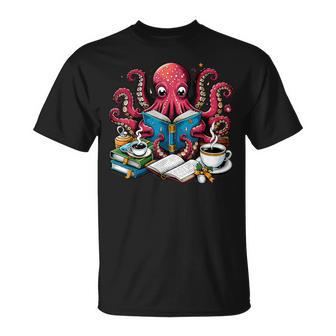 Octopus Reading Book Coffee Lover Bookaholic Bookworm Reader T-Shirt - Seseable
