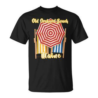 Old Orchard Beach Maine Nautical Umbrella Striped Chairs T-Shirt - Monsterry CA