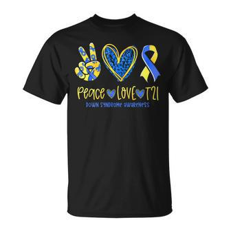 Peace Love T21 Blue Yellow Ribbon Down Syndrome Awareness T-Shirt - Thegiftio UK