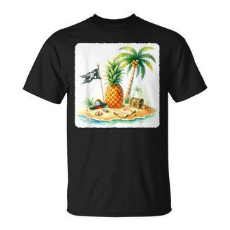Pineapple Pirate On Distant Isle Hat Map Palm Trees Sand T-Shirt - Monsterry