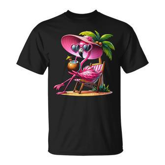 Pink Flamingo Summer Vibes Beach Palm Tree Summer Vacation T-Shirt - Monsterry
