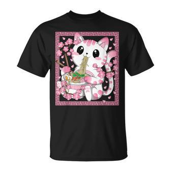 Pink Kawaii Cat Ramen Noodles Anime Japanese Cherry Blossom T-Shirt | Seseable CA