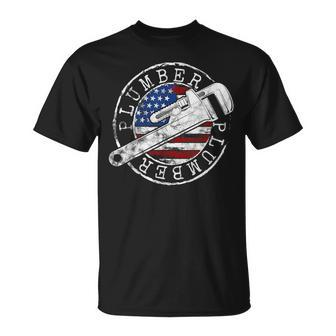 Plumber American Flag Plumbing Usa Patriot Stamp Style T-Shirt - Monsterry