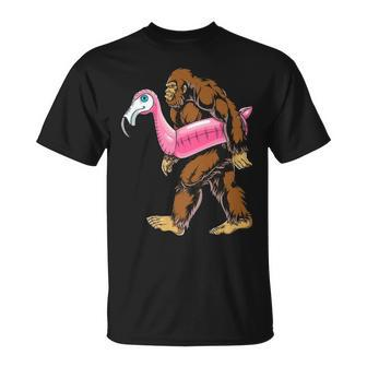Pool Party Bigfoot Flamingo Sasquatch Pink Float T-Shirt | Mazezy