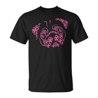 Pug Face Breast Cancer Awareness Cute Dog Pink Ribbon T-Shirt | Mazezy