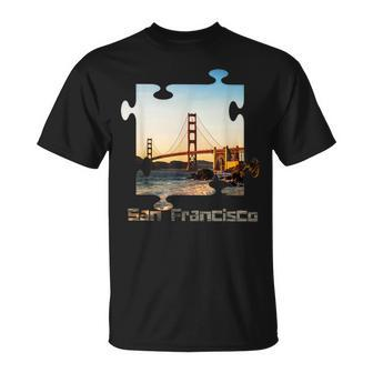 Puzzle Skyline San Francisco California Golden Gate Bridge T-Shirt - Monsterry