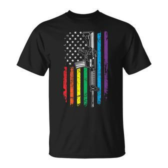 Rainbow Pro Gun American Flag Lgbt Gay Pride Ar15 On Back T-Shirt - Monsterry