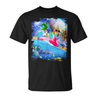 Rainbow Space Galaxy Cat On Flamingo Dolphin T-Shirt - Monsterry
