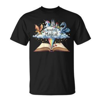 Reading Is Magical Unicorn Dragon Bookworm Book Reader T-Shirt - Seseable