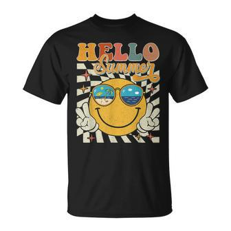 Retro Groovy Hello Summer Smile Face Hello Beach Vacation T-Shirt - Monsterry DE