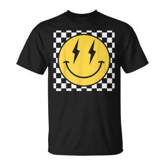 Retro Happy Face Distressed Checkered Pattern Smile Face T-Shirt - Seseable