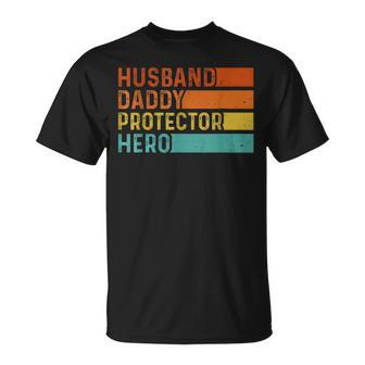 Retro Husband Daddy Protector Hero Fathers Day Dad T-Shirt - Monsterry