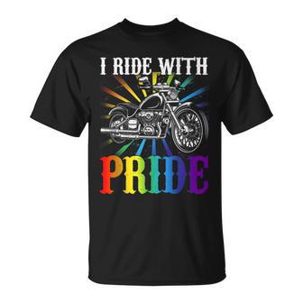 I Ride With Pride Gay Biker Rainbow Motorcycle Lover Queer T-Shirt - Monsterry DE