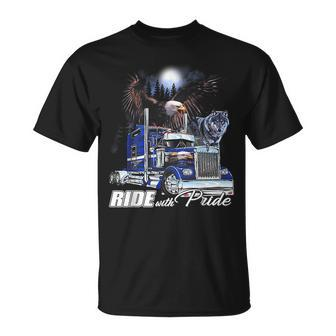 Ride With Pride Trucker Eagle Wolf T-Shirt - Monsterry
