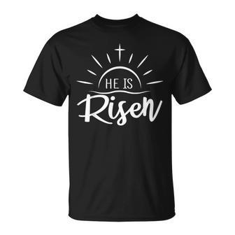 He Is Risen Happy Easter Day Christ Cross T-Shirt - Seseable