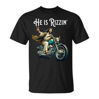 Rizzen Rizz He Is Rizzin Jesus Riding Motorcycle T-Shirt - Seseable