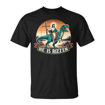 He Is Rizzen Jesus Has Rizzen Retro Christian Dinosaur T-Shirt - Thegiftio UK