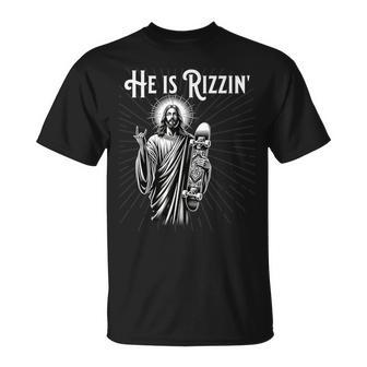 Rizzen Rocker He Is Rizzin Jesus Riding Skateboard T-Shirt - Seseable