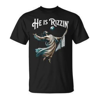 He Is Rizzin Jesus Playing Volleyball Sports Rizz T-Shirt - Monsterry