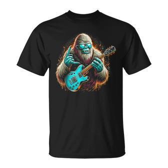Rock On Bigfoot Playing A Electric Guitar Sasquatch Big Foot T-Shirt | Mazezy