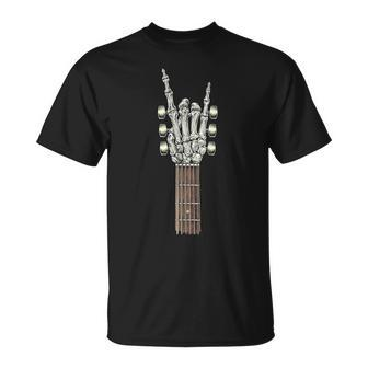 Rock On Guitar Neck With A Sweet Rock & Roll Skeleton Hand T-Shirt - Seseable