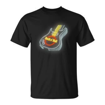 Rock N Roll Guitar T Neon Lights T-Shirt - Monsterry