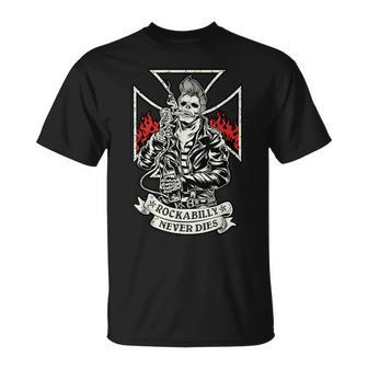 For Rockabillys Never Dies Hipster Skull T-Shirt - Monsterry