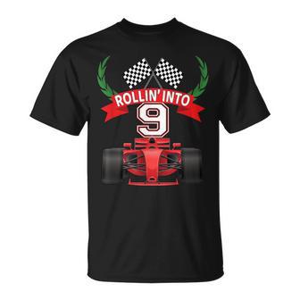 Rollin Into 9 Years Old Racing Car Boys 9Th Birthday Party T-Shirt - Monsterry CA