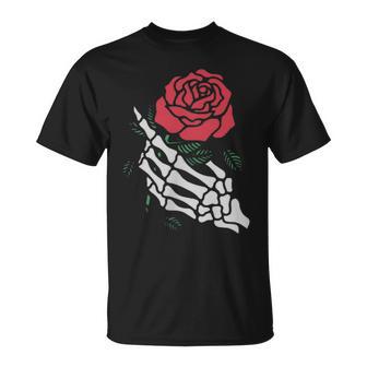 Rote Rose Weißes Skelett Hand Hält Eine Rote Rose T-Shirt - Geschenkecke