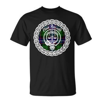 Russell Surname Last Name Scottish Clan Tartan Badge Crest T-Shirt - Seseable