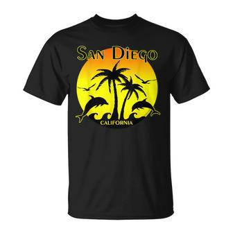 San Diego Palm Trees Dolphins Waves Seagulls T T-Shirt - Monsterry UK
