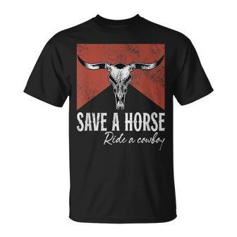 Save A Horse Ride A Cowboy Bull Cow Skull Western Country T-Shirt - Thegiftio UK