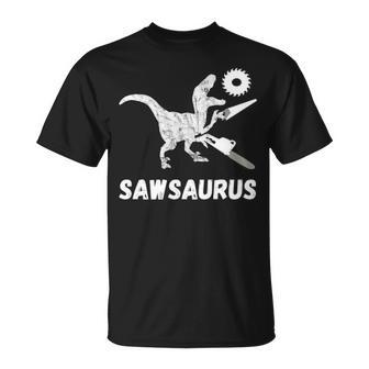Sawsaurus Woodworker Dinosaurs Carpentry T Rex Dino Chainsaw T-Shirt | Mazezy