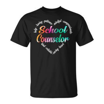 School Counselor Heart Word Cloud Watercolor Rainbow T-Shirt - Monsterry