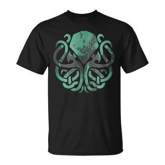 Schwarzes Kraken T-Shirt mit Vintage-Mond Motiv in Grün - Seseable