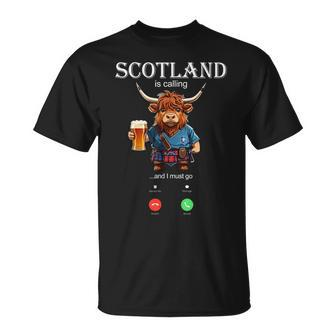 Scotland Is Calling I And I Must Go Highland Cow Scottish T-Shirt - Monsterry DE