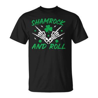 Shamrock And Roll Rock And Roll Saint Patrick's Day Skull T-Shirt - Seseable