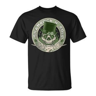 Shamrock And Roll Rock And Roll Saint Patrick's Day Skull T-Shirt - Monsterry