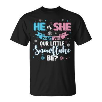 He Or She What Will Our Little Snowflake Be Gender Reveal T-Shirt - Seseable