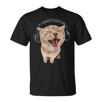 Silly Cat With Headphones T-Shirt - Monsterry