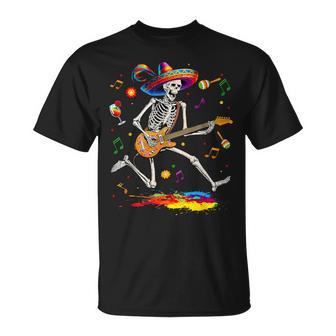 Skeleton Cinco De Mayo Mexican Electric Guitar Player T-Shirt - Monsterry AU