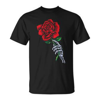 Skeleton Hand Holding Rose Aesthetic Red Flower T-Shirt - Seseable