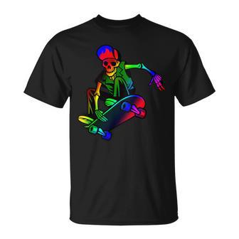 Skeleton On Skateboard Rainbow Skater Graffiti Skateboarding T-Shirt - Monsterry CA