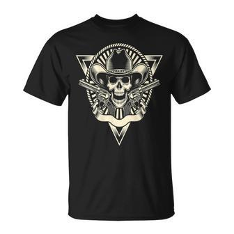 Skull Motorcycle Biker Cowboy Hat Outlaw Guns T-Shirt - Monsterry DE