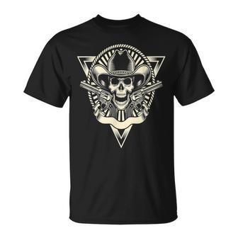 Skull Motorcycle Biker Outlaw Cowboy Hat Guns T-Shirt - Monsterry AU