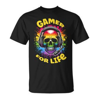 Skull Wearing Headphones Grunge N Gamer Rainbow Graffiti T-Shirt - Monsterry UK