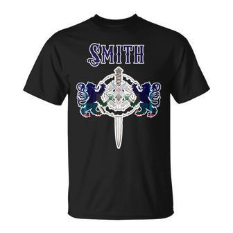 Smith Scottish Clan Family Name Tartan Lion Sword T-Shirt - Seseable