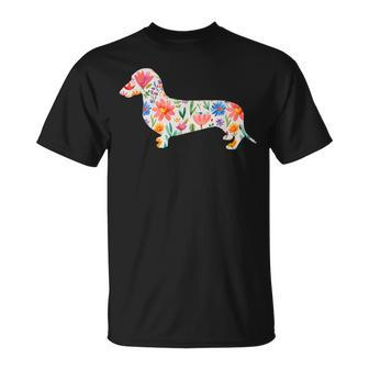 Smooth Dachshund Watercolor Flowers T-Shirt - Seseable