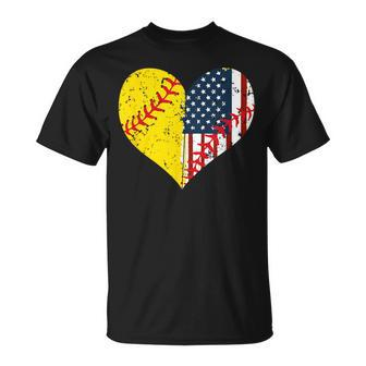 Softball Heart American Flag 4Th Of July T-Shirt - Monsterry